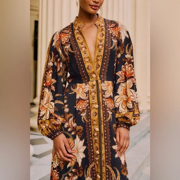 FARM Rio Black Majestic Garden Buttoned Puff Sleeve Maxi Dress Size Small - Picture 3 of 8